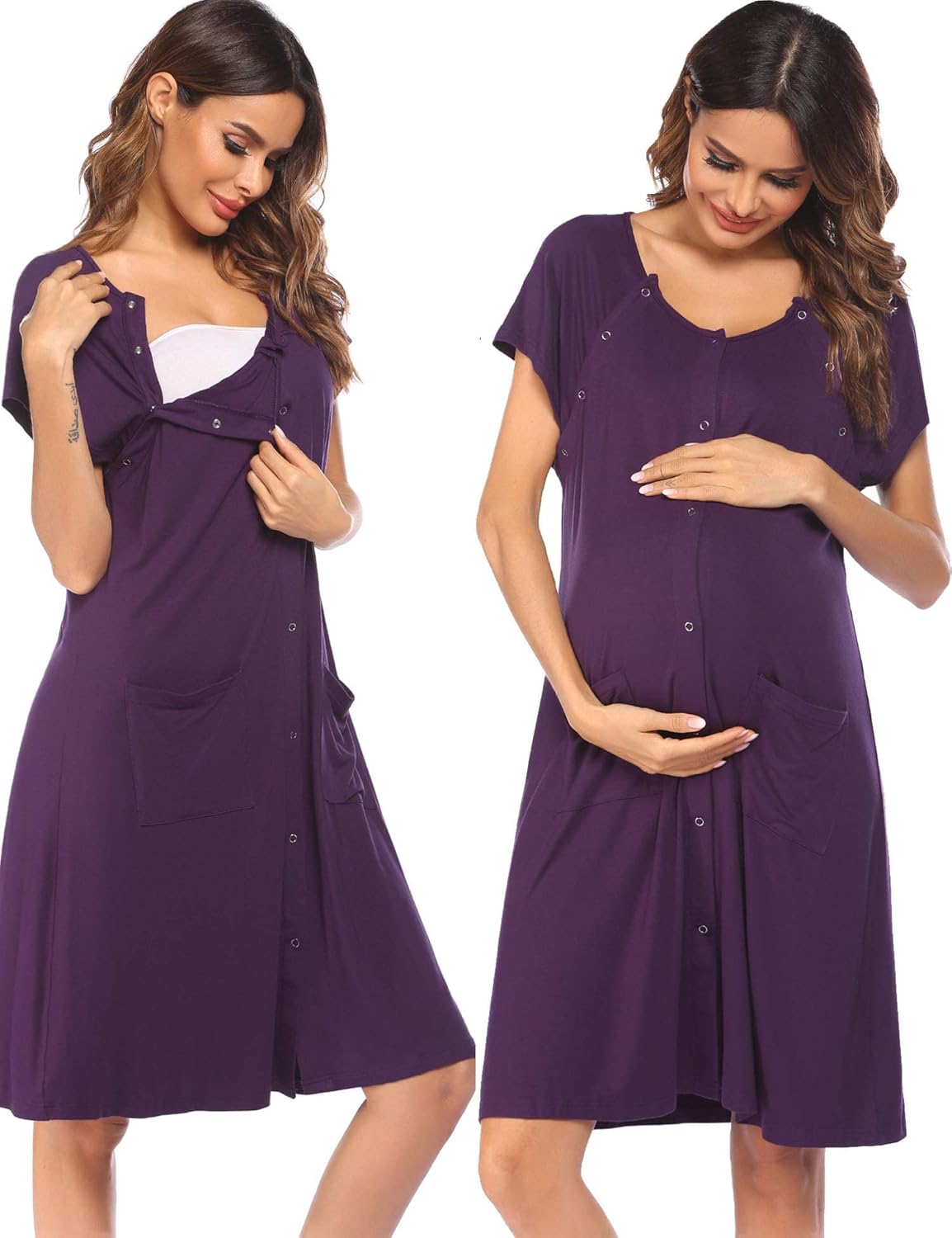 Purple nursing nightgown with short sleeves, button front, chest opening and front pocket
