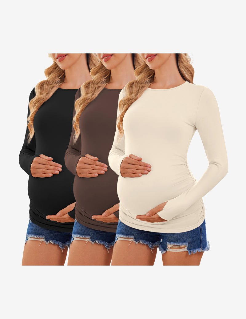3-pack long sleeve maternity shirts: black, dark brown, cream white