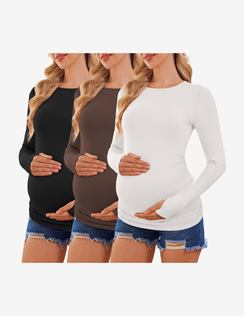3-pack long sleeve maternity shirts: black, brown, white