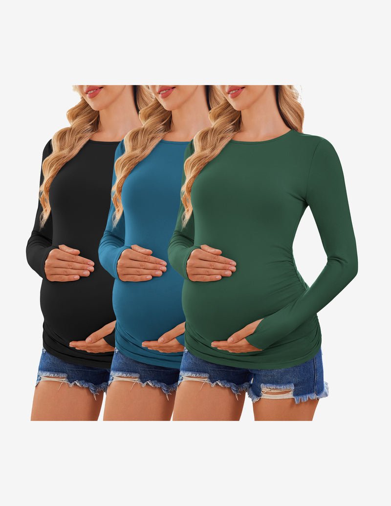 3-pack long sleeve maternity shirts: black, blue, dark green