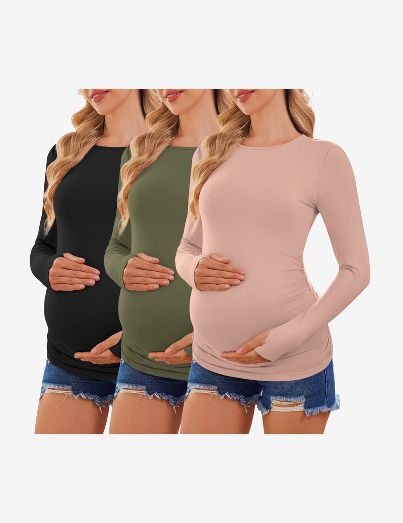 3-pack long sleeve maternity shirts: black, olive green, blush pink