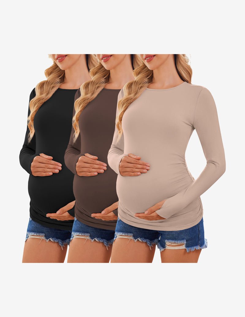 3-pack long sleeve maternity shirts: black, dark brown, beige