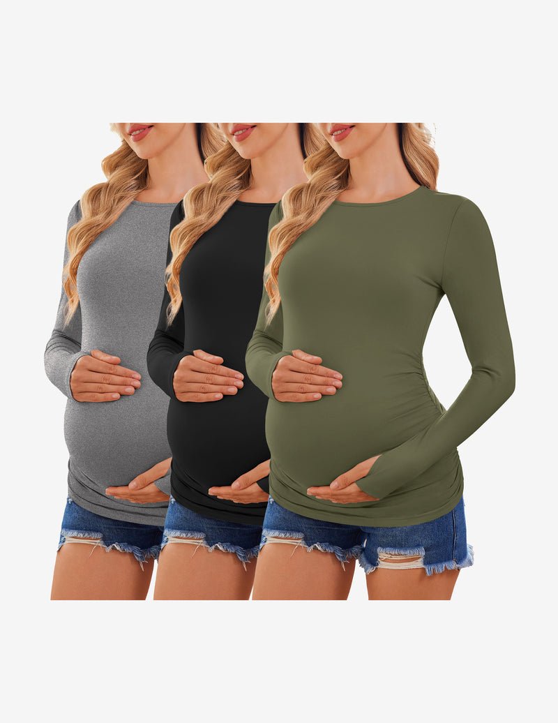 3-pack long sleeve maternity shirts: gray, black, olive green