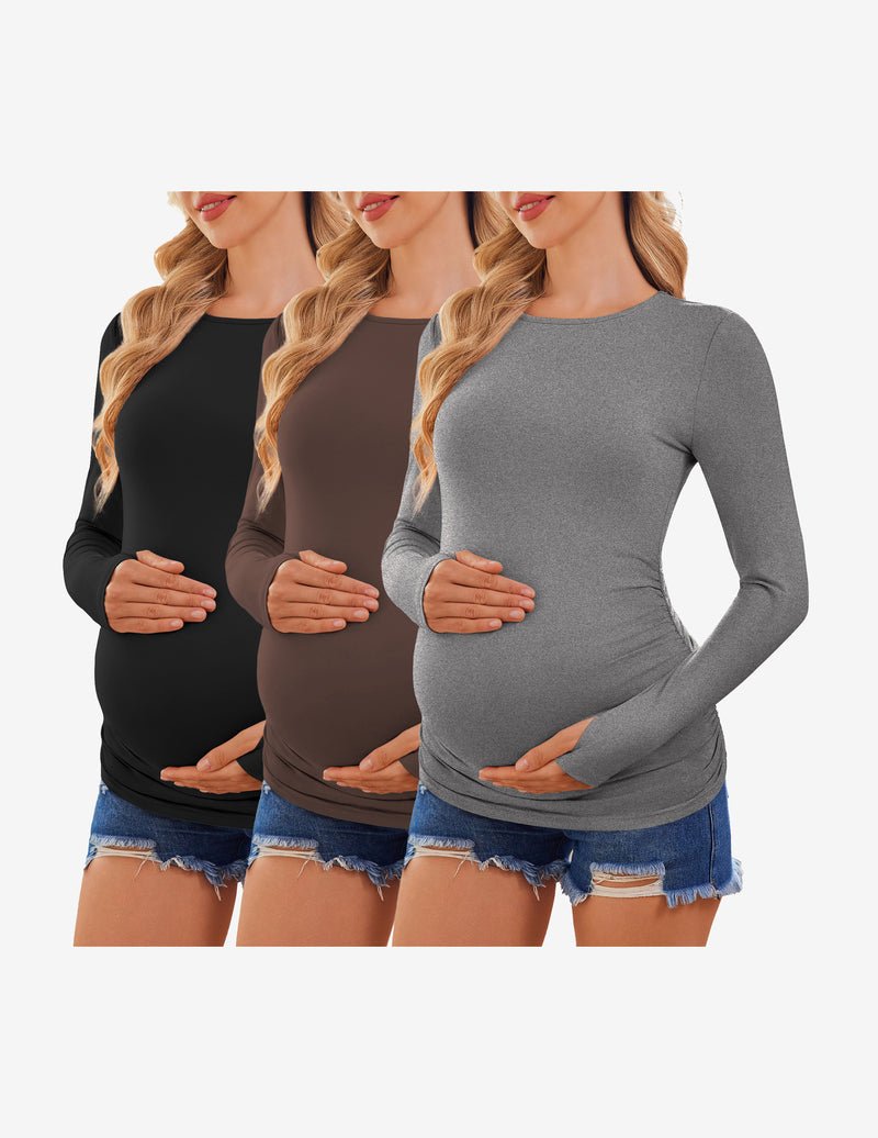 Ekouaer 3-pack long sleeve maternity shirts: black, brown, heather gray