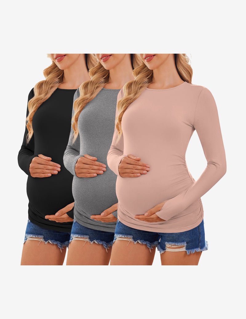 3-pack long sleeve maternity shirts: black, charcoal gray, blush pink