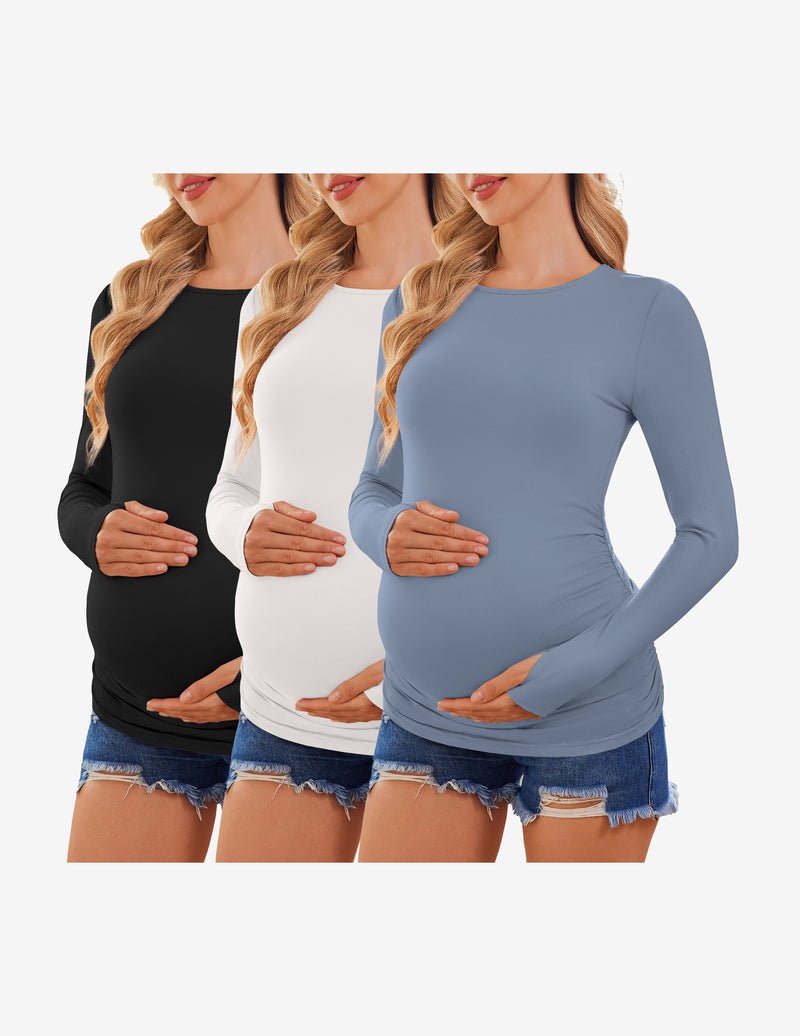 3-pack long sleeve maternity shirts: black, white, light blue