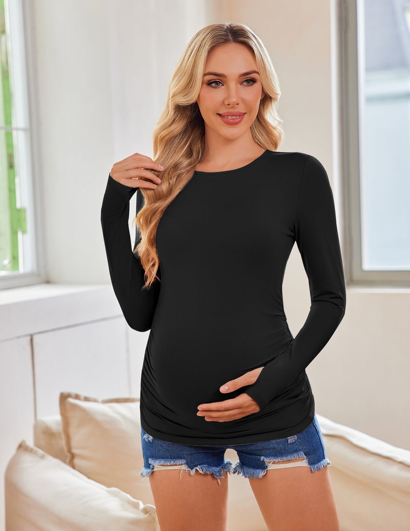 Long-sleeve maternity shirt, black with ruched lower belly