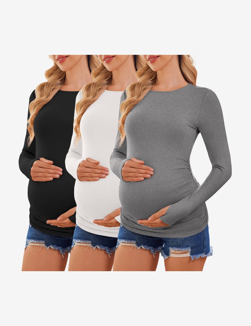 3-pack long sleeve maternity shirts: black, white, heather gray