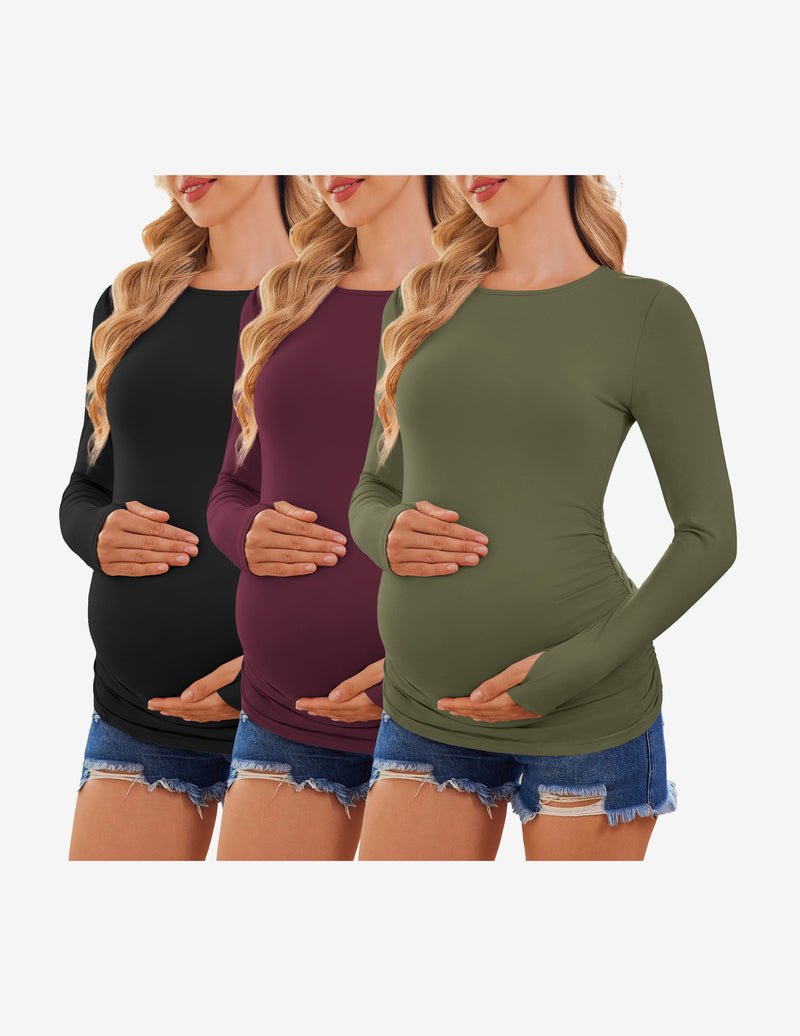 3-pack long sleeve maternity shirts: black, burgundy, olive green