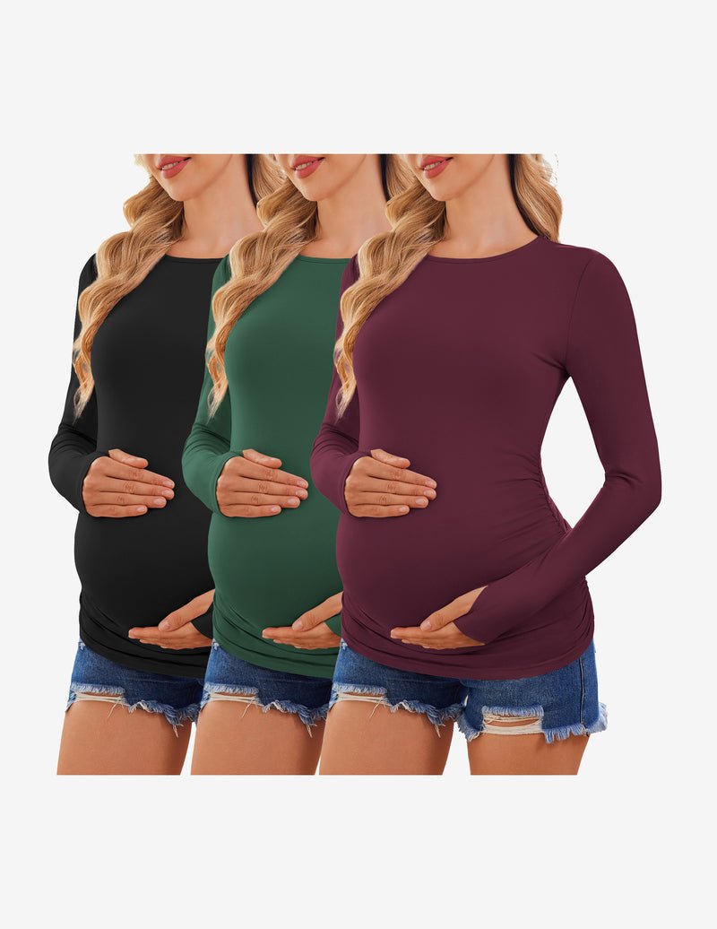 3-pack long sleeve maternity shirts: black, dark green, burgundy