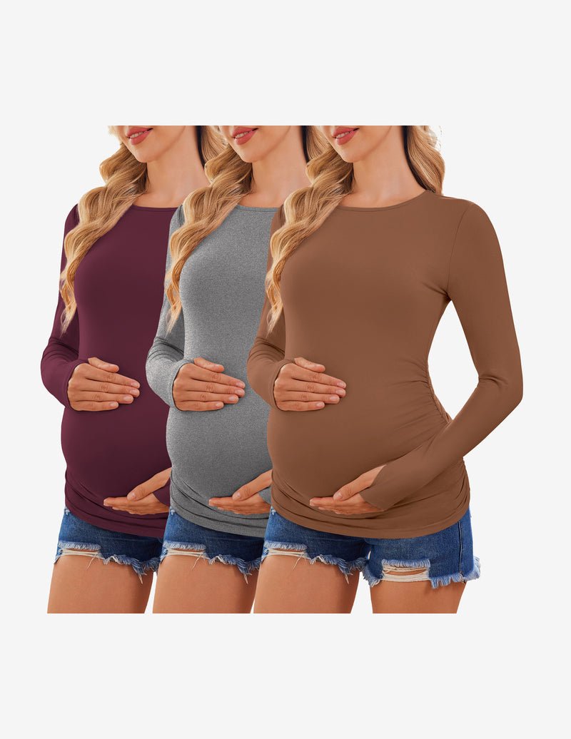 3-pack long sleeve maternity shirts: burgundy, gray, brown