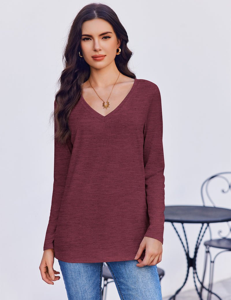 Long sleeve V-neck base tee, burgundy—front view