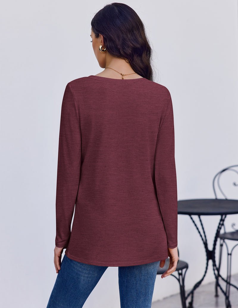 Long sleeve V-neck base tee, burgundy—back view