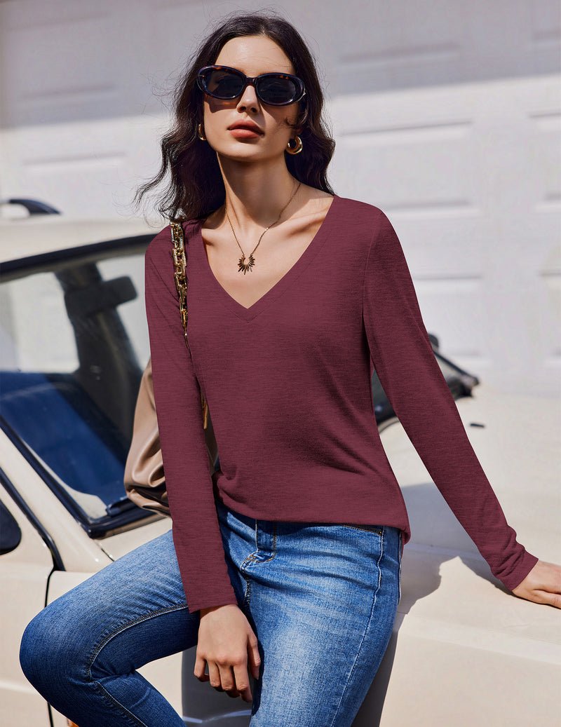 Long sleeve V-neck base tee, burgundy—side view