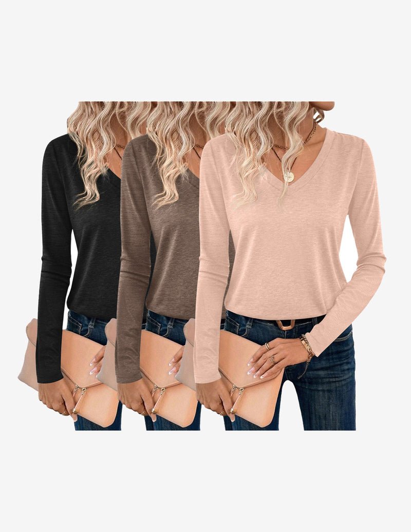 3er Pack langärmlige V-Ausschnitt Shirts in Schwarz, Braun und Beige