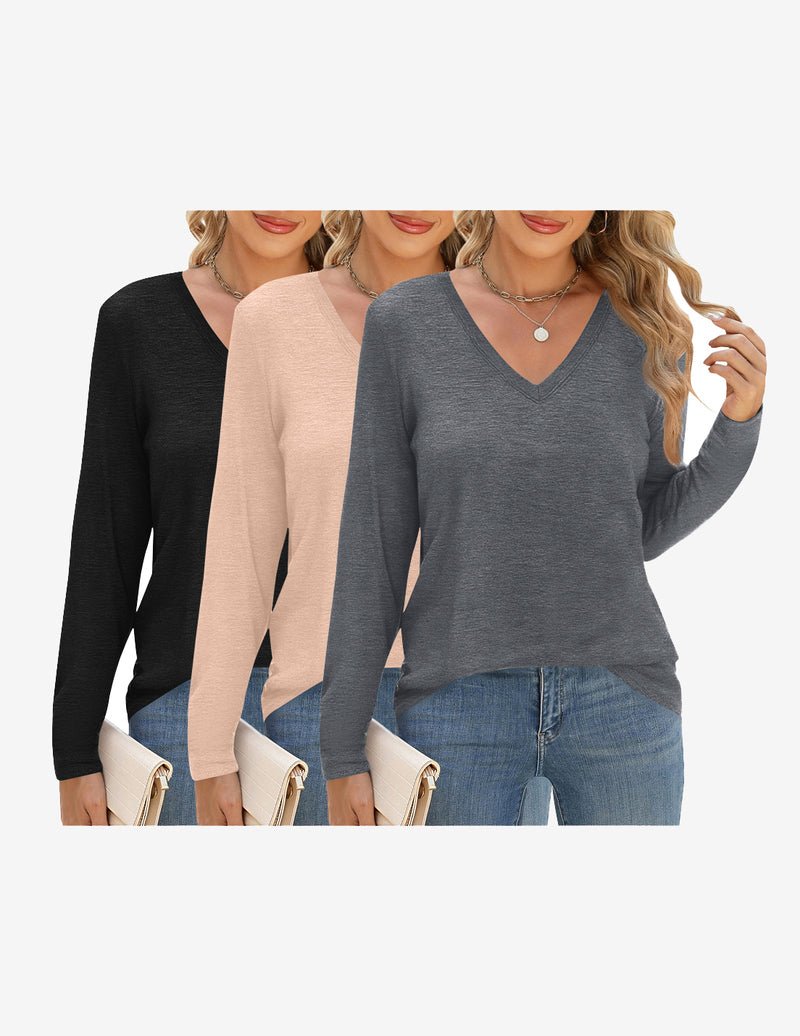 3-pack long sleeve V-neck base tees in black, beige, and heather gray