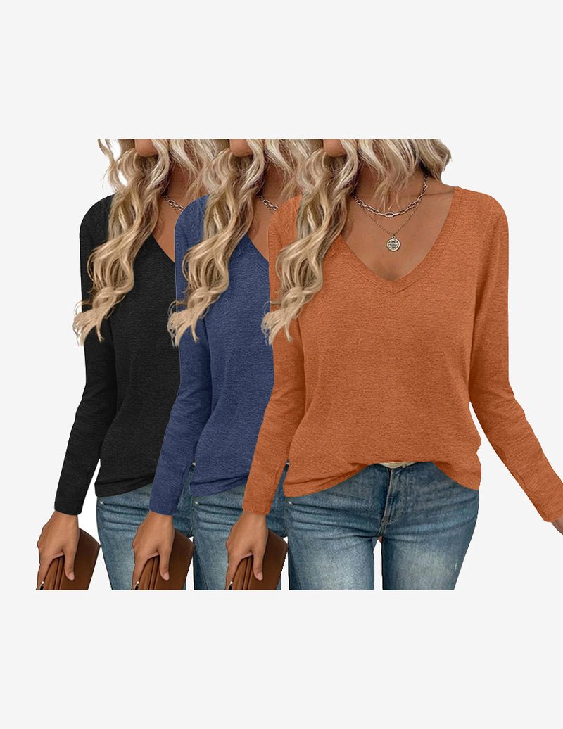 3-pack long sleeve V-neck base tees in black, navy, and rust orange