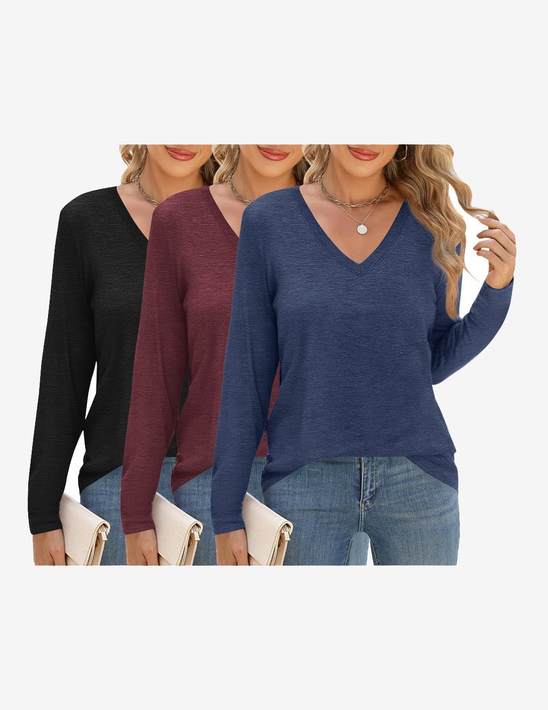 3er Pack langärmlige V-Ausschnitt Shirts in Schwarz, Weinrot und Blau