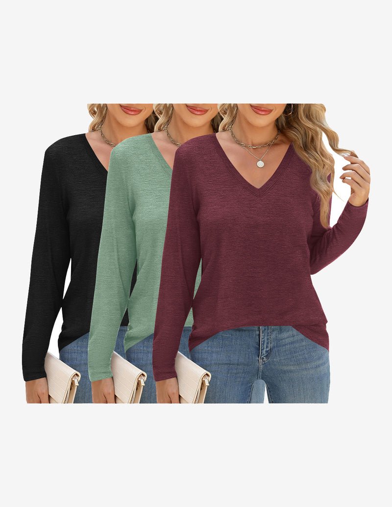 3-pack long sleeve V-neck tees, black, sage green, burgundy