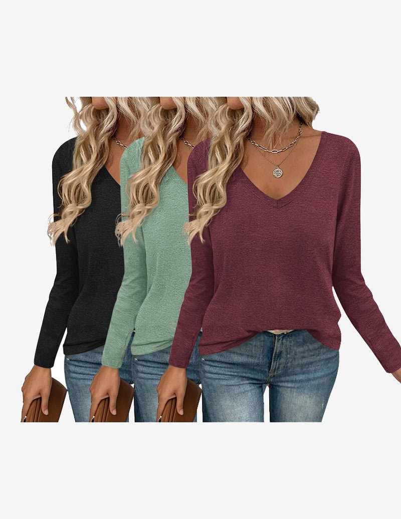 Close-up 3-pack long sleeve V-neck tees, black, sage green, burgundy