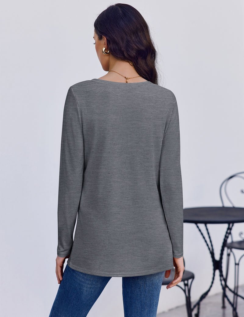 Long sleeve V-neck base tee, heather gray back view