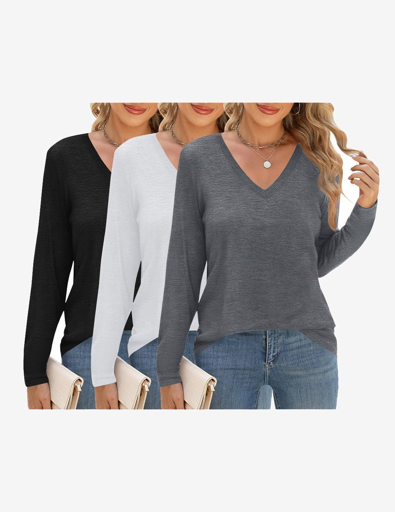 3-pack long sleeve V-neck base tees in black, white, and dark gray