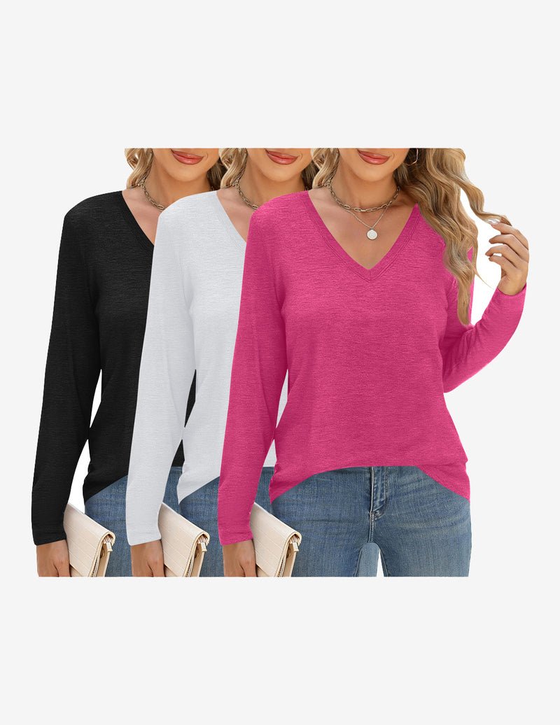 3-pack long sleeve V-neck tees, black, white, hot pink