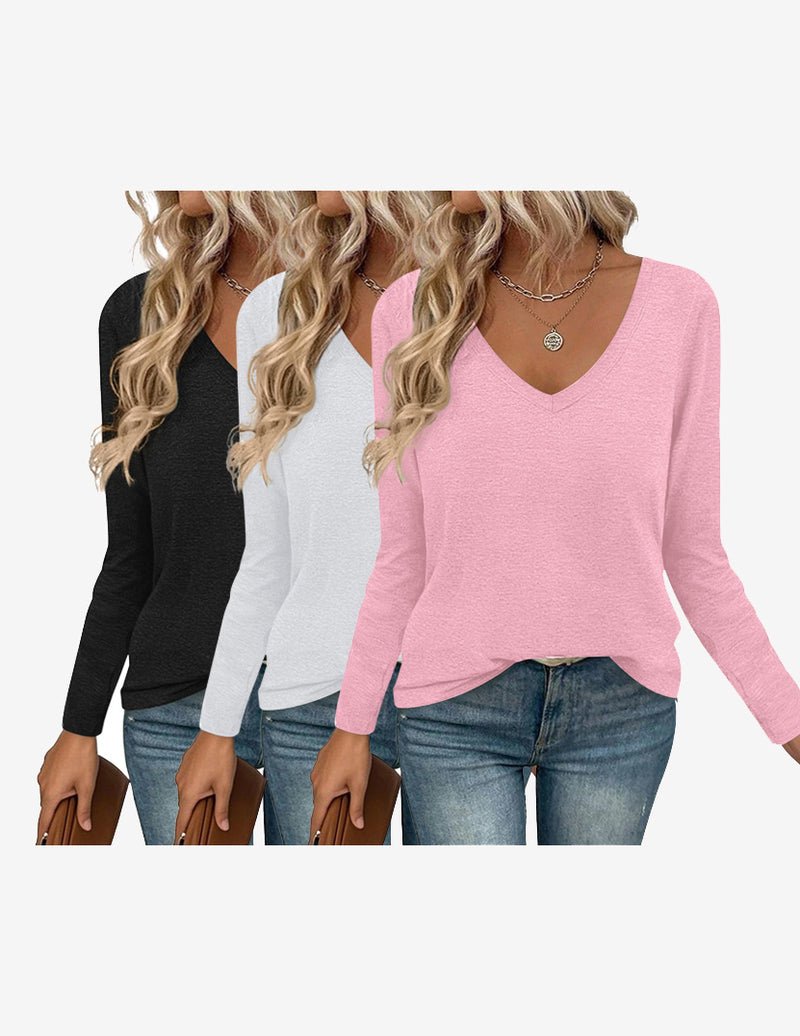 3-pack long sleeve V-neck base tees in black, white, and pink