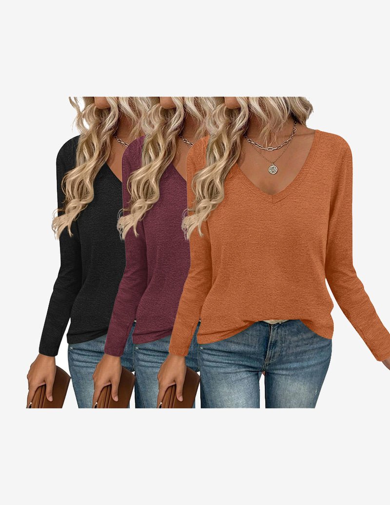 3-pack long sleeve V-neck base tees in black, burgundy, and rust orange