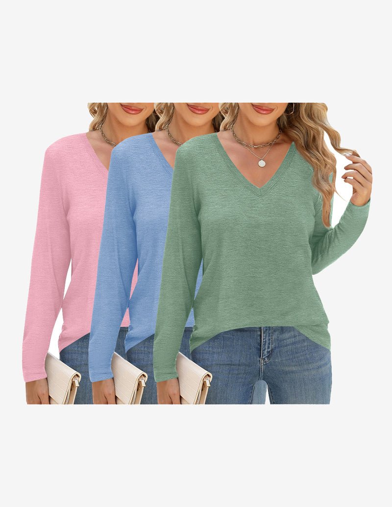 3-pack long sleeve V-neck tees, blush pink, light blue, sage green