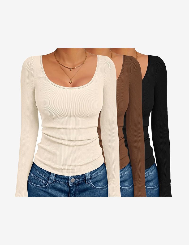 3-pack ribbed thermal long sleeve tops, scoop neck—cream, brown, black
