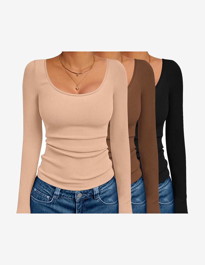 3-pack ribbed thermal long sleeve tops, scoop neck—nude, brown, black