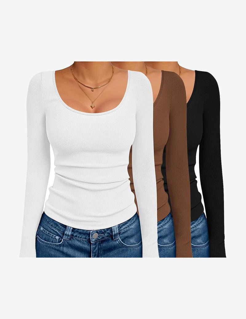 3-pack ribbed thermal long sleeve tops, scoop neck—white, brown, black