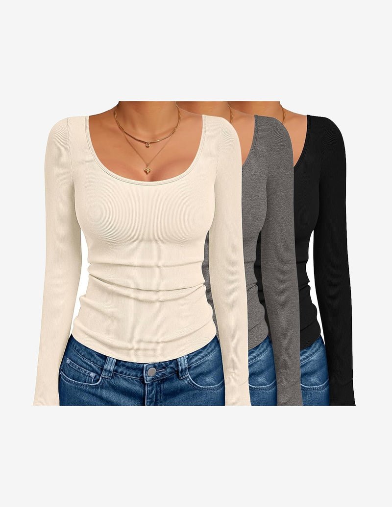 Ribbed long sleeve thermal top 3-pack, light beige, gray & black
