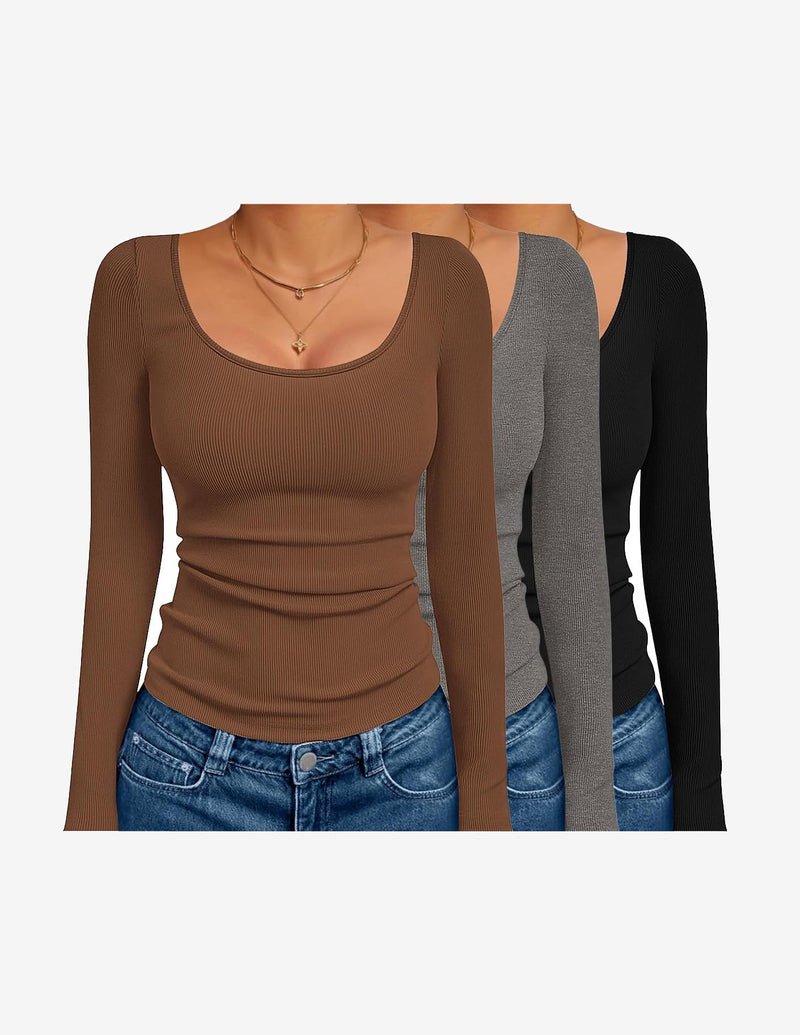 Ribbed long sleeve thermal top 3-pack, brown, charcoal gray & black