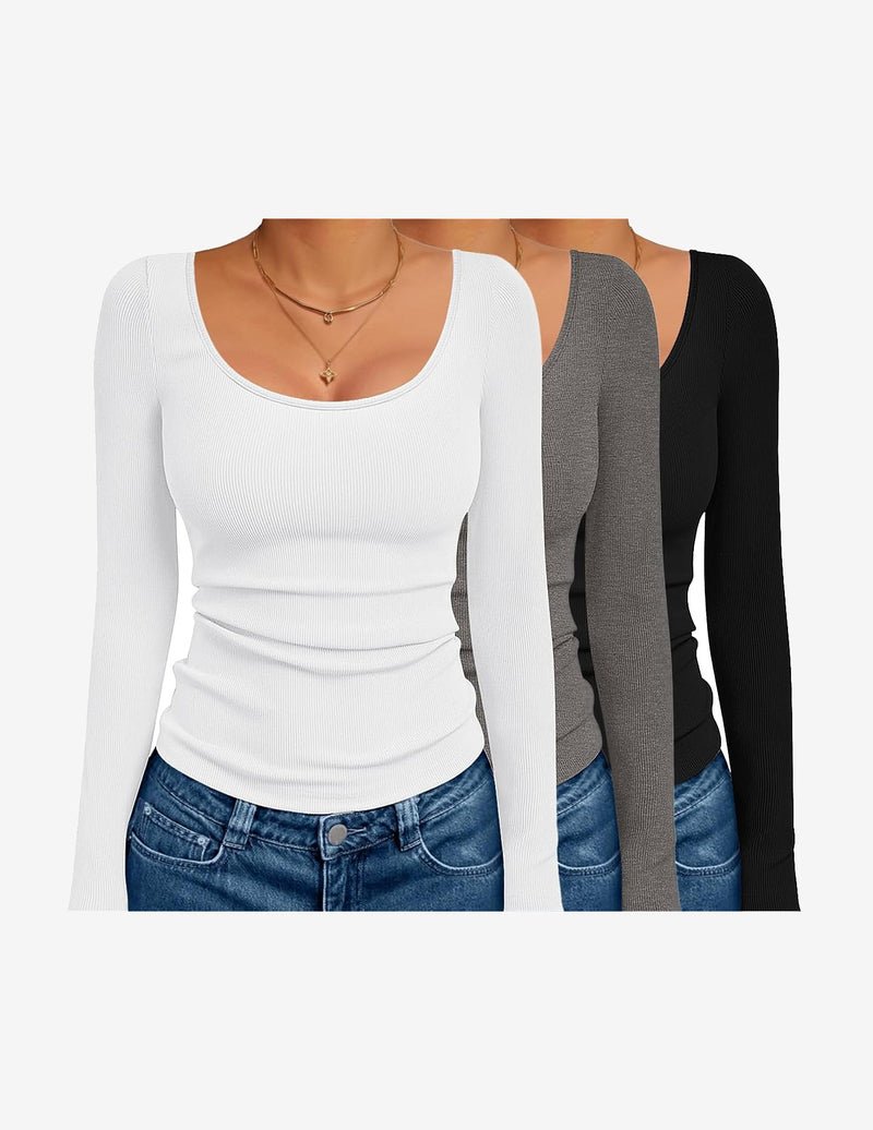 Ribbed long sleeve thermal top 3-pack, white, gray & black