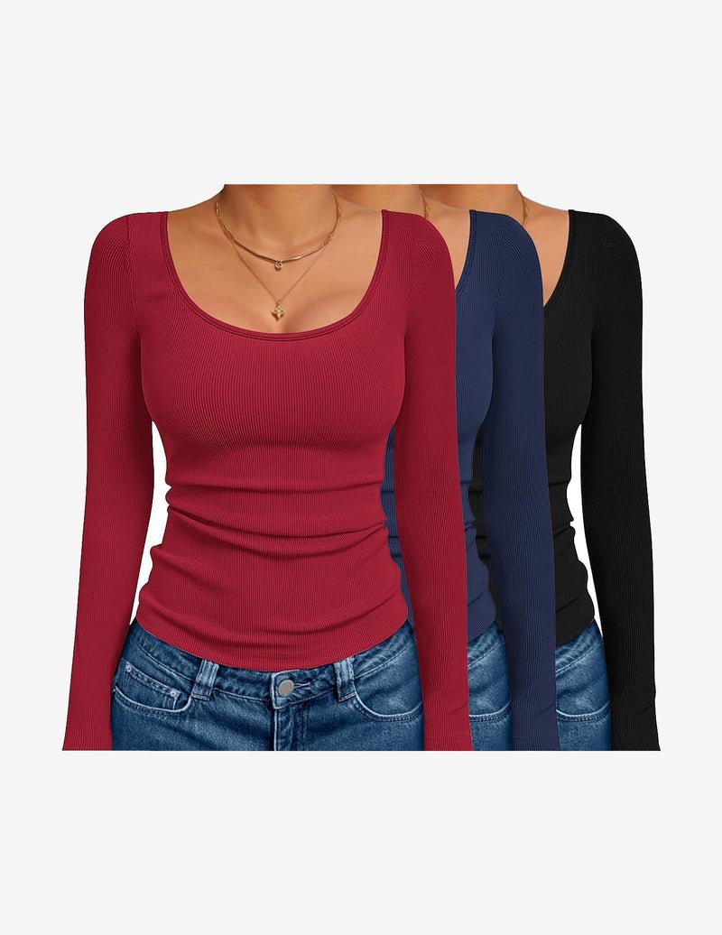 Ekouaer 3-pack ribbed thermal long sleeve tops, scoop neck—burgundy, navy, black