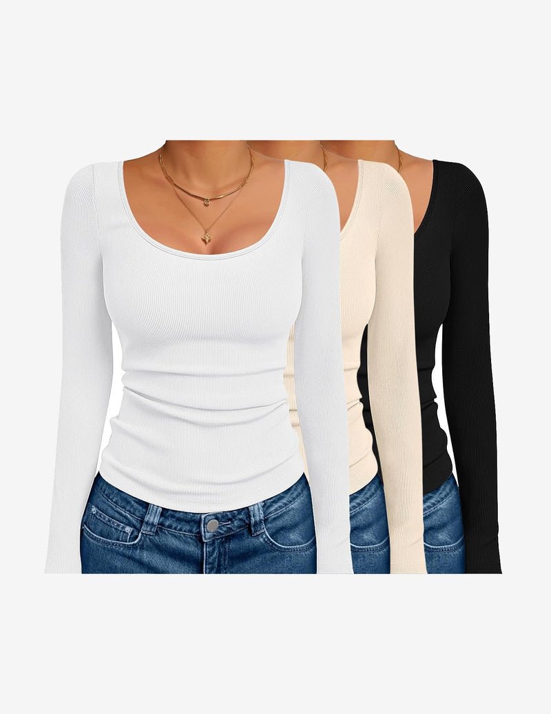 3-pack ribbed thermal long sleeve tops, scoop neck—white, beige, black