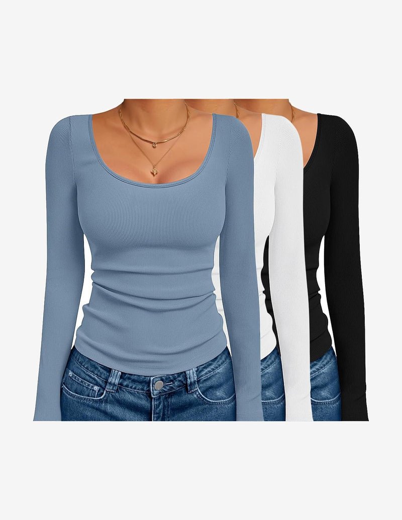 3-pack ribbed thermal long sleeve tops, scoop neck—light blue, white, black