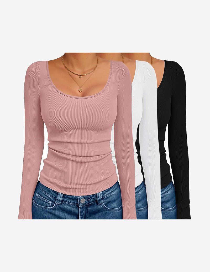 Ribbed long sleeve thermal top 3-pack, dusty pink, white & black