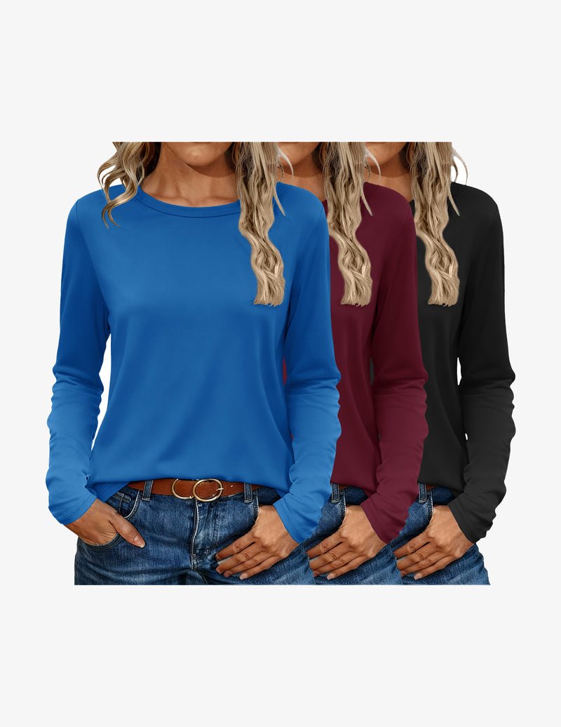 Long-sleeve thermal tops, 3-pack: royal blue, maroon, and black crewneck shirts