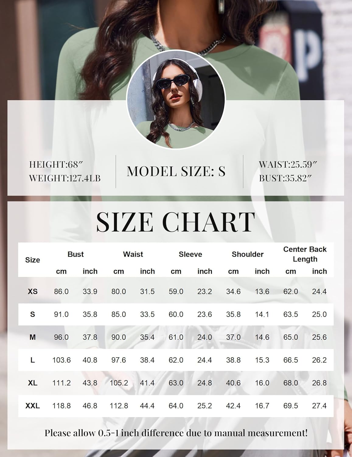 Olive long sleeve thermal top behind size chart overlay