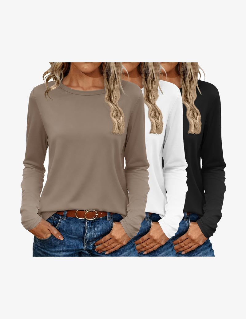 Long-sleeve thermal tops, 3-pack: taupe, white, and black crewneck shirts