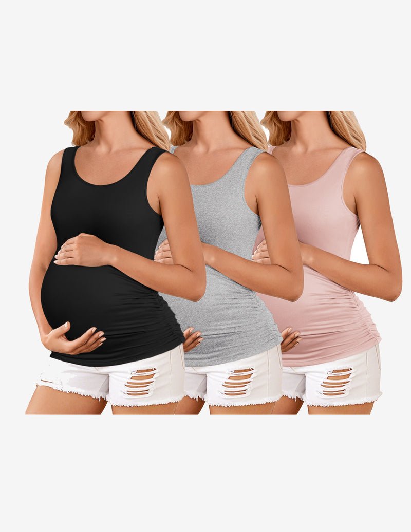 Still-Tanktops 3er-Set mit Seitenruching, Rundhalsausschnitt; Schwarz/Grau/Rosé