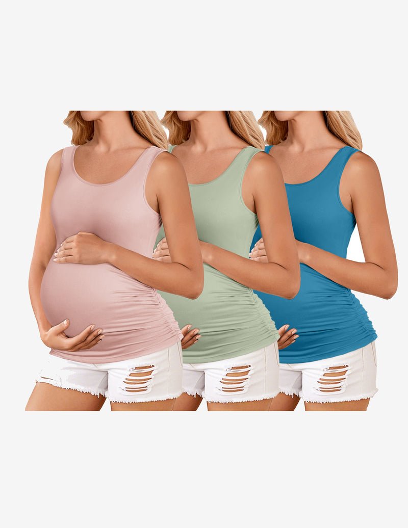 Maternity tank top 3-pack: dusty pink, sage green, blue; ruched side seams