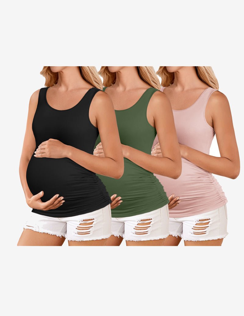 Maternity tank top 3-pack: black, sage green, dusty pink; ruched side design