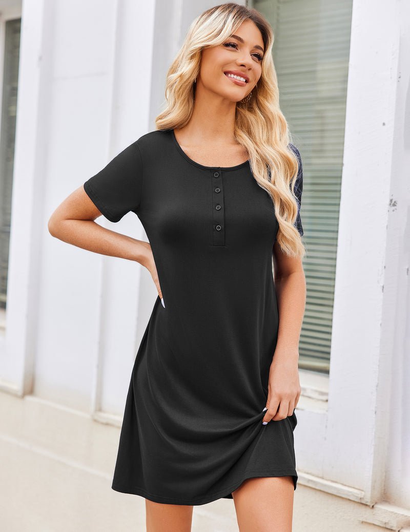 Black button-front nightgown, short sleeves with henley-style placket, knee length