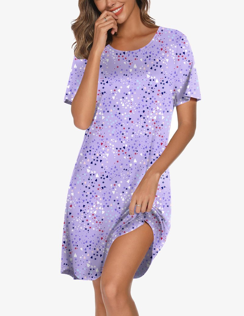Purple star print nightgown with short sleeves, knee-length