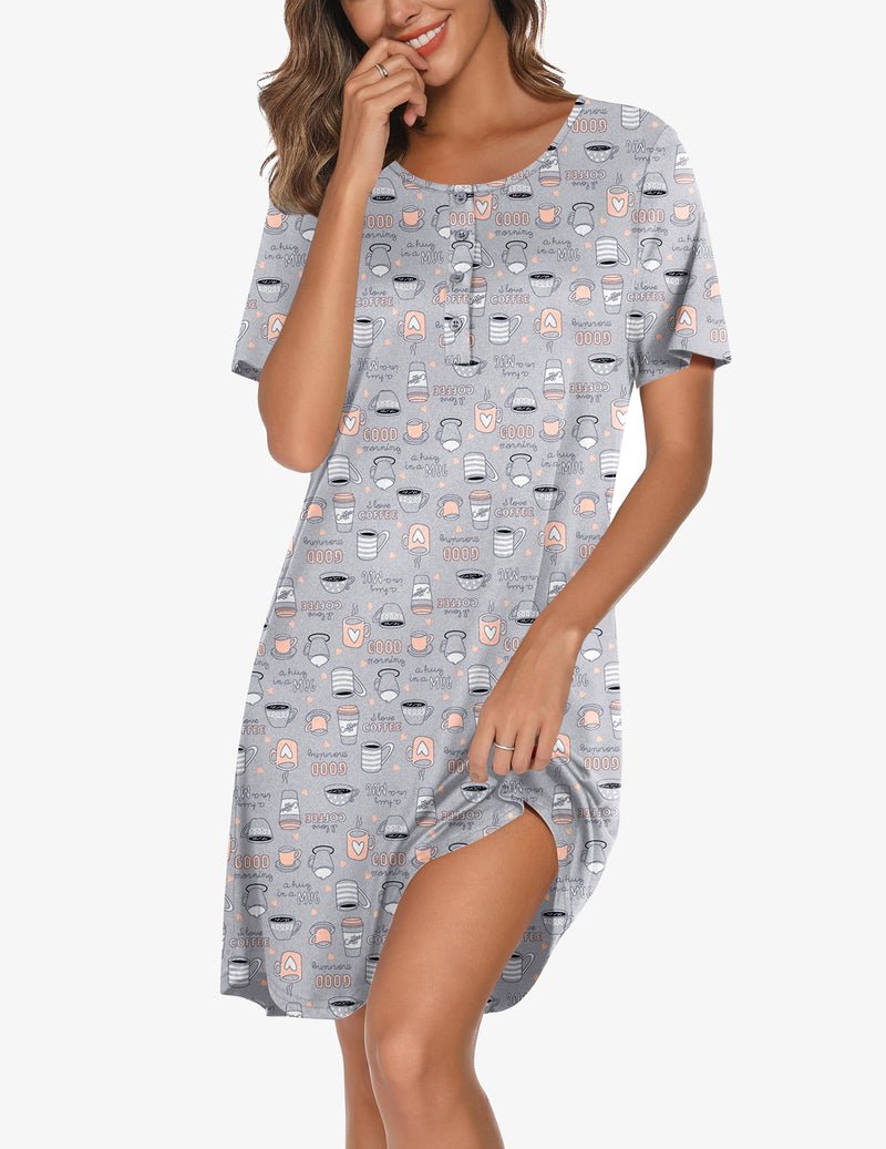 Gray nightgown with coffee-cup and heart pattern, short sleeves