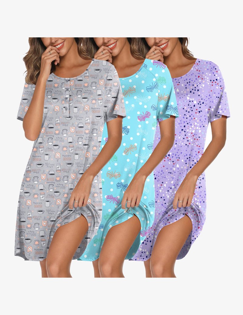 3-pack nightgowns: gray coffee-cup print, light blue bow print, purple star print